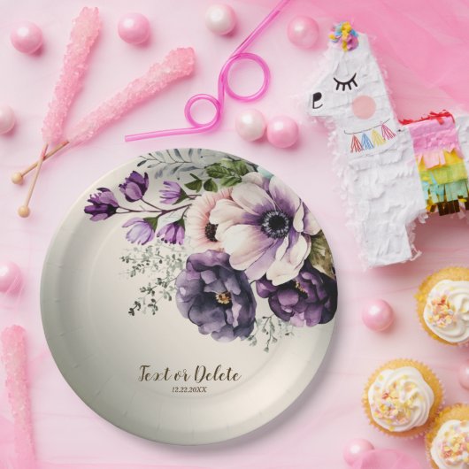 Party Paarse Roze Bloemen Golden Elegant Papieren Bordje (Feest)