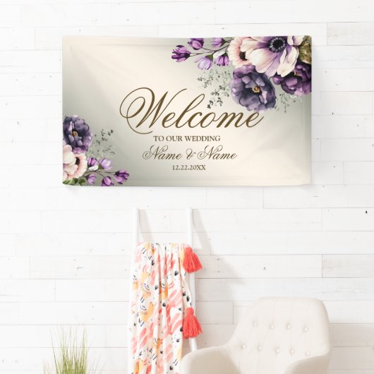 Party Paarse Roze Bloemen Golden Elegant Spandoek (Insitu)