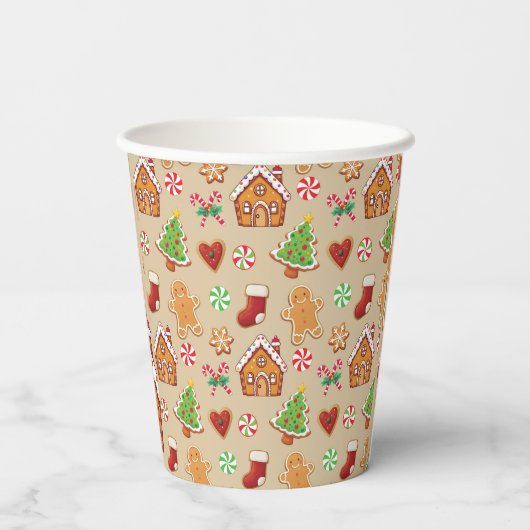 Party Paper Cups Christmas Gingerbread Print Papieren Bekers (Achterkant)