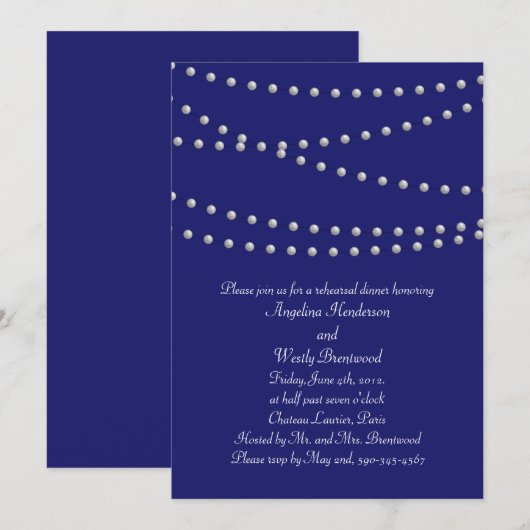 Party Pearls on Indigo Rehearsal Dinner Kaart (Voorkant / Achterkant)