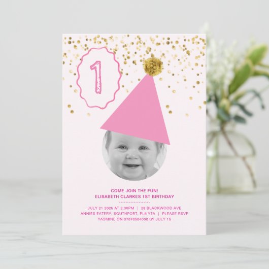 Party Pet - Meisjes 1e verjaardag Uitnodiging (Staand voorkant)