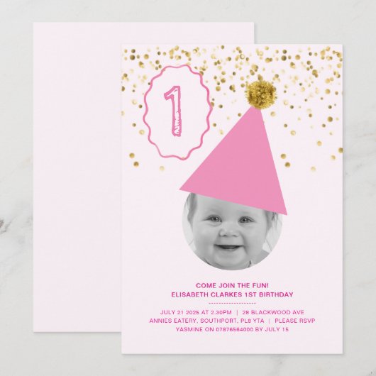 Party Pet - Meisjes 1e verjaardag Uitnodiging (Voorkant / Achterkant)