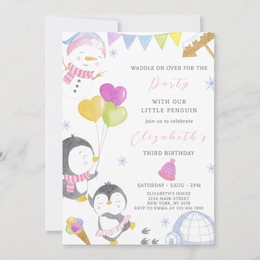 Party Pinguïn Verjaardag uitnodiging (Voorkant)