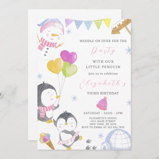 Party Pinguïn Verjaardag uitnodiging (Voorkant / Achterkant)