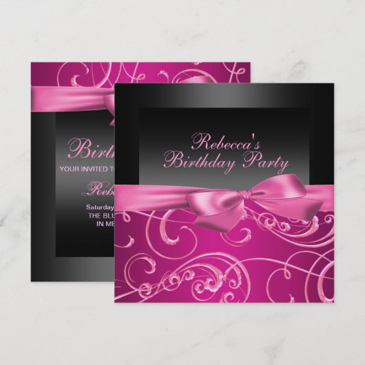 Party Pink Swirls Verjaardag Uitnodiging (Voorkant / Achterkant)