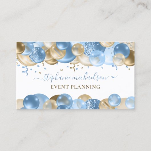 Party Planner Blauw Gouden Ballon QR Code Visitekaartje (Voorkant)