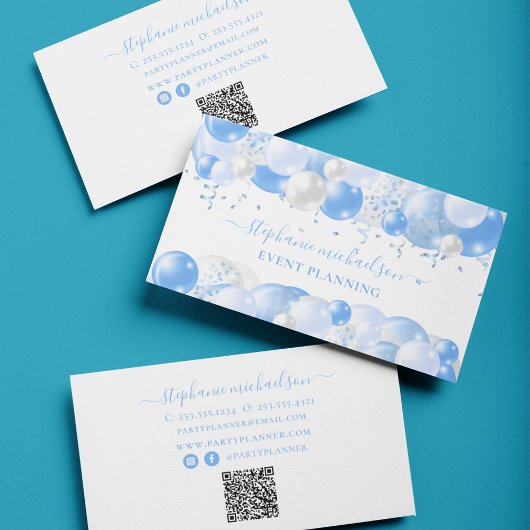 Party Planner Blauw Wit Ballon QR Code Visitekaartje