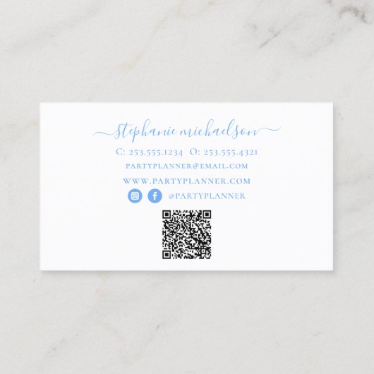 Party Planner Blauw Wit Ballon QR Code Visitekaartje (Achterkant)