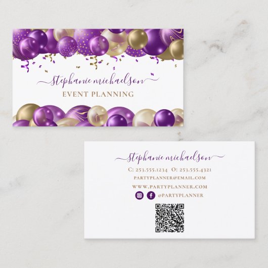 Party Planner Paarse gouden ballon QR-code Visitekaartje (Voorkant / Achterkant)