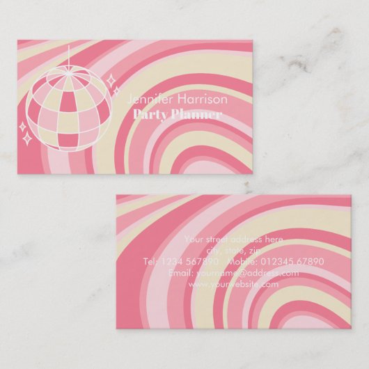 Party Planner Retro Groovy Wave Disco Ball Roze Visitekaartje (Voorkant / Achterkant)