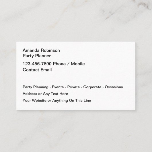 Party Planning en Entertainment Service Visitekaartje (Achterkant)