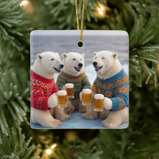 Party Polar Bears Wearing Christmas Ugly Sweaters Keramisch Ornament (Boom)