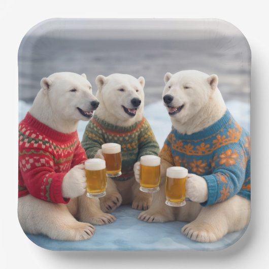 Party Polar Bears Wearing Christmas Ugly Sweaters Papieren Bordje (Voorkant)