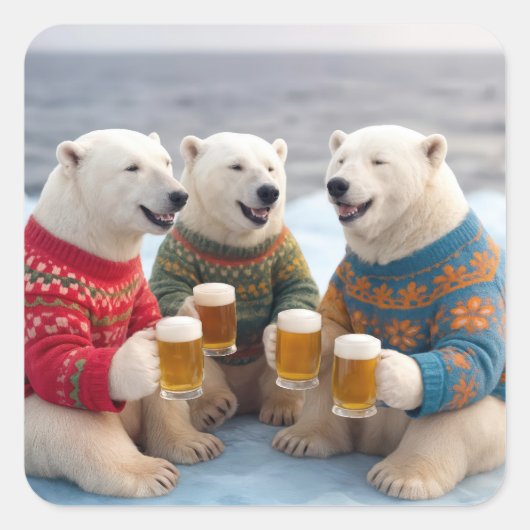 Party Polar Bears Wearing Christmas Ugly Sweaters Vierkante Sticker (Voorkant)