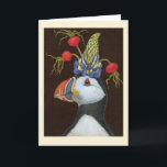 Party Puffin kaart<br><div class="desc">Atlantische puffin met pet van lupine en rozen heupen</div>