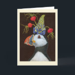 Party Puffin kaart<br><div class="desc">Atlantische puffin met pet van lupine en rozen heupen</div>