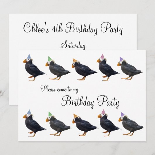 Party Puffin Row Birthday Invitation Kaart (Voorkant / Achterkant)