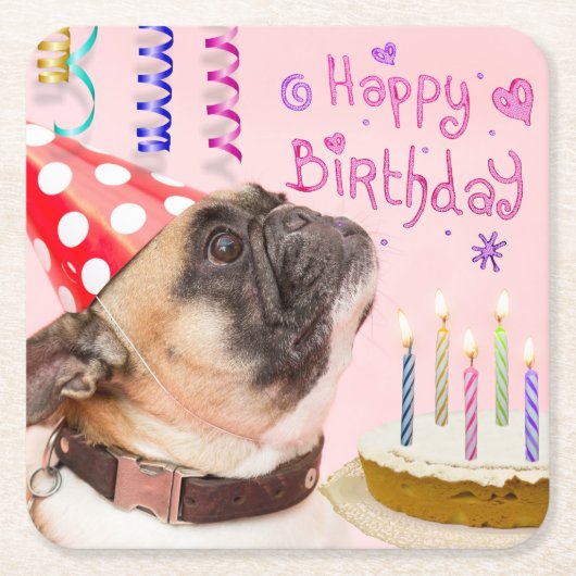 Party Pug and Birthday Cake Cute Kartonnen Onderzetters (Voorkant)
