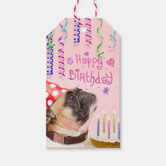 Party Pug en verjaardagstaart Cadeaulabel (Voorkant)