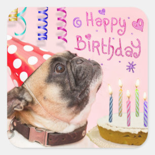 Party Pug en verjaardagstaart Vierkante Sticker