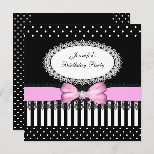 Party roze Bow Black White Polka Dots Kaart (Voorkant / Achterkant)