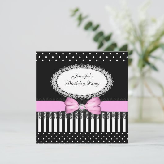 Party roze Bow Black White Polka Dots Kaart (Staand voorkant)