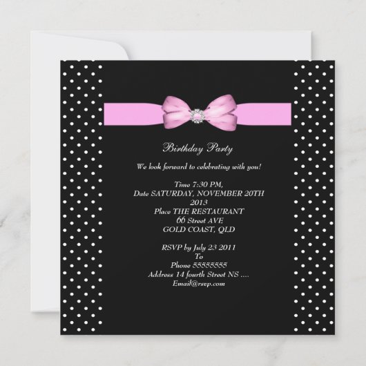 Party roze Bow Black White Polka Dots Kaart (Achterkant)