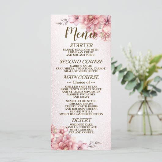 Party Roze Waterverf Flowers Glanzende Glitter Menu (Staand voorkant)