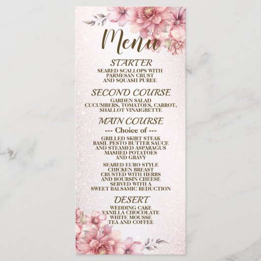 Party Roze Waterverf Flowers Glanzende Glitter Menu (Voorkant)