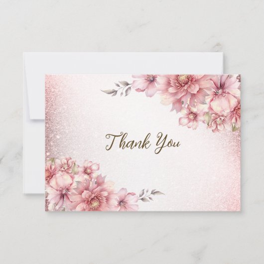 Party Roze Waterverf Flowers Glanzende Glitter Mod Bedankkaart (Voorkant)