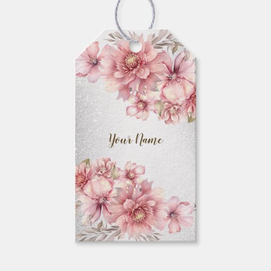 Party Roze Waterverf Flowers Glanzende Glitter Mod Cadeaulabel (Voorkant)