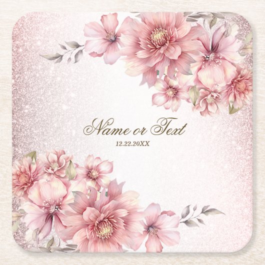 Party Roze Waterverf Flowers Glanzende Glitter Mod Kartonnen Onderzetters (Voorkant)