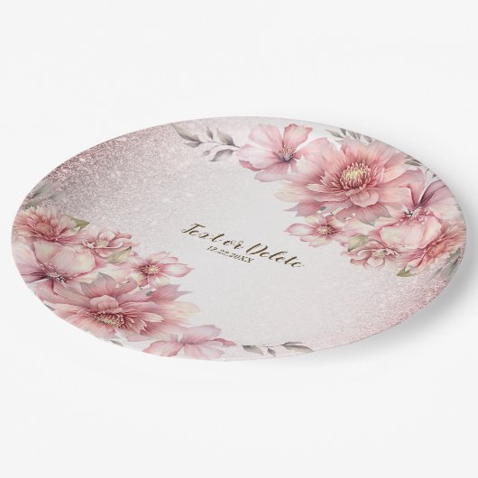 Party Roze Waterverf Flowers Glanzende Glitter Mod Papieren Bordje (Gekanteld)