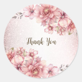 Party Roze Waterverf Flowers Glanzende Glitter Mod Ronde Sticker