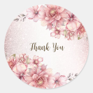 Party Roze Waterverf Flowers Glanzende Glitter Mod Ronde Sticker