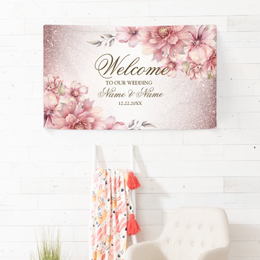 Party Roze Waterverf Flowers Glanzende Glitter Mod Spandoek (Insitu)