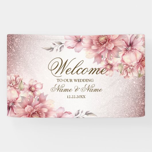 Party Roze Waterverf Flowers Glanzende Glitter Mod Spandoek (Horizontaal)