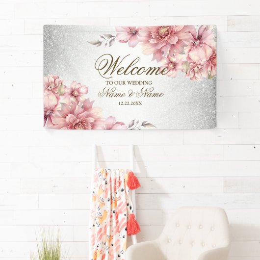 Party Roze Waterverf Flowers Glanzende Glitter Mod Spandoek (Insitu)
