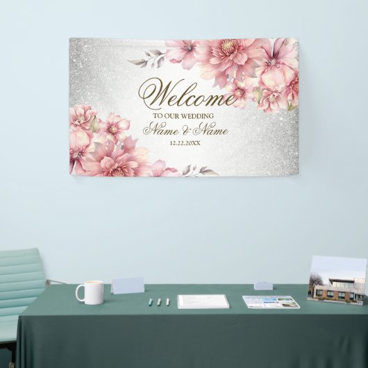 Party Roze Waterverf Flowers Glanzende Glitter Mod Spandoek (Beurs)