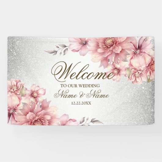 Party Roze Waterverf Flowers Glanzende Glitter Mod Spandoek (Horizontaal)