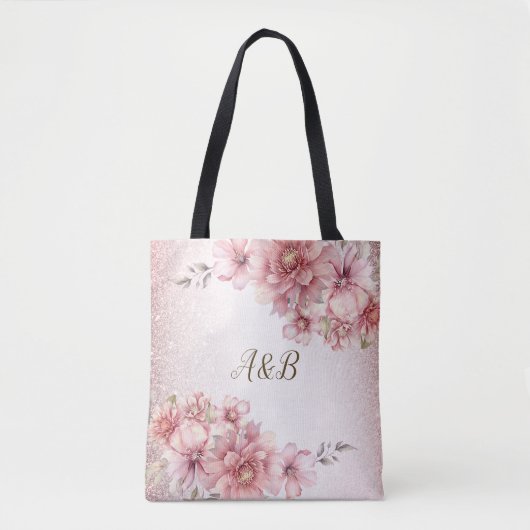 Party Roze Waterverf Flowers Glanzende Glitter Mod Tote Bag (Voorkant)
