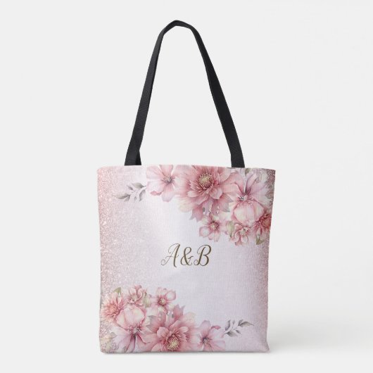 Party Roze Waterverf Flowers Glanzende Glitter Mod Tote Bag (Achterkant)