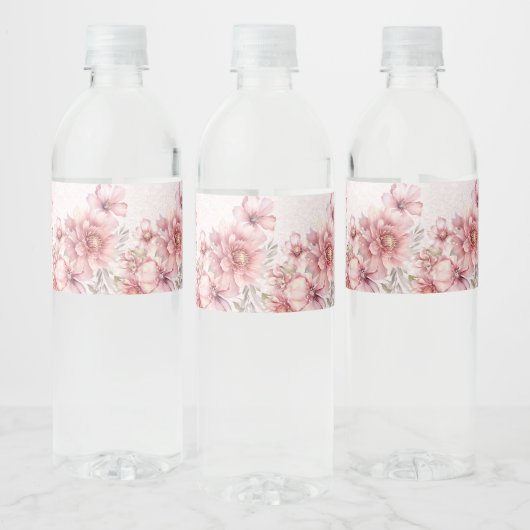 Party Roze Waterverf Flowers Glanzende Glitter Mod Waterfles Etiket (Flessen)