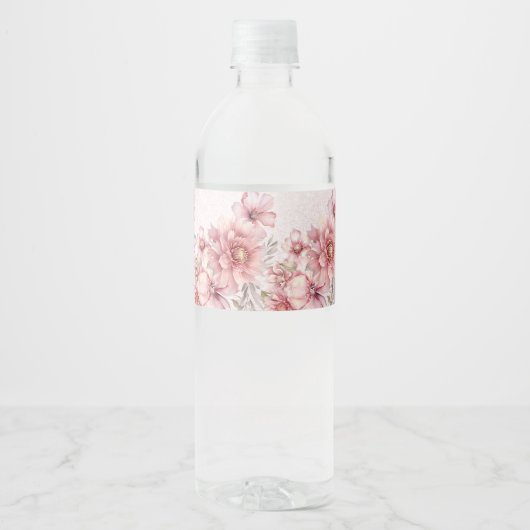 Party Roze Waterverf Flowers Glanzende Glitter Mod Waterfles Etiket (Voorkant)