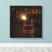Party Sparkler In a Glass Of Whiskey Canvas Afdruk (Insitu (Houten vloer))