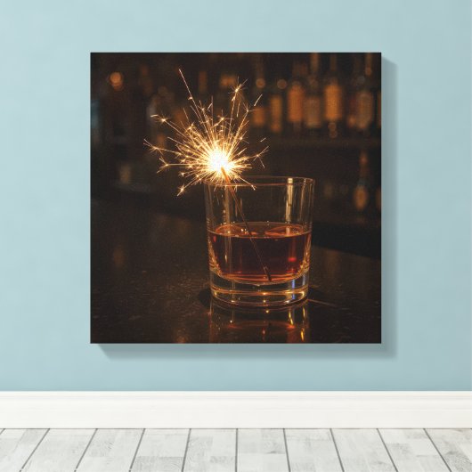 Party Sparkler In a Glass Of Whiskey Canvas Afdruk (Insitu (Houten vloer))