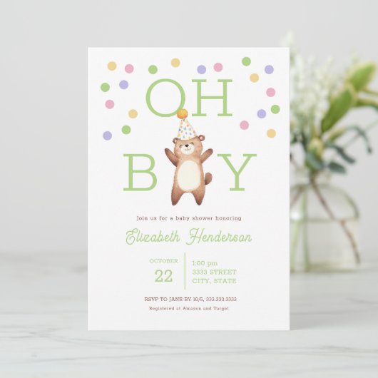 Party Teddy Bear Oh Boy Baby Shower Invitation Kaart (Staand voorkant)