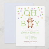 Party Teddy Bear Oh Boy Baby Shower Invitation Kaart (Voorkant / Achterkant)