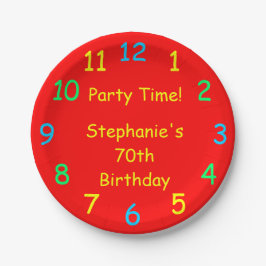 Party Time, 70th Birthday, Red Clock, Name, Papieren Bordje