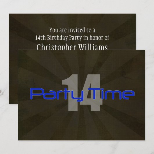 Party Time Black Grey Boy 14th Birthday Uitnodigin Kaart (Voorkant / Achterkant)